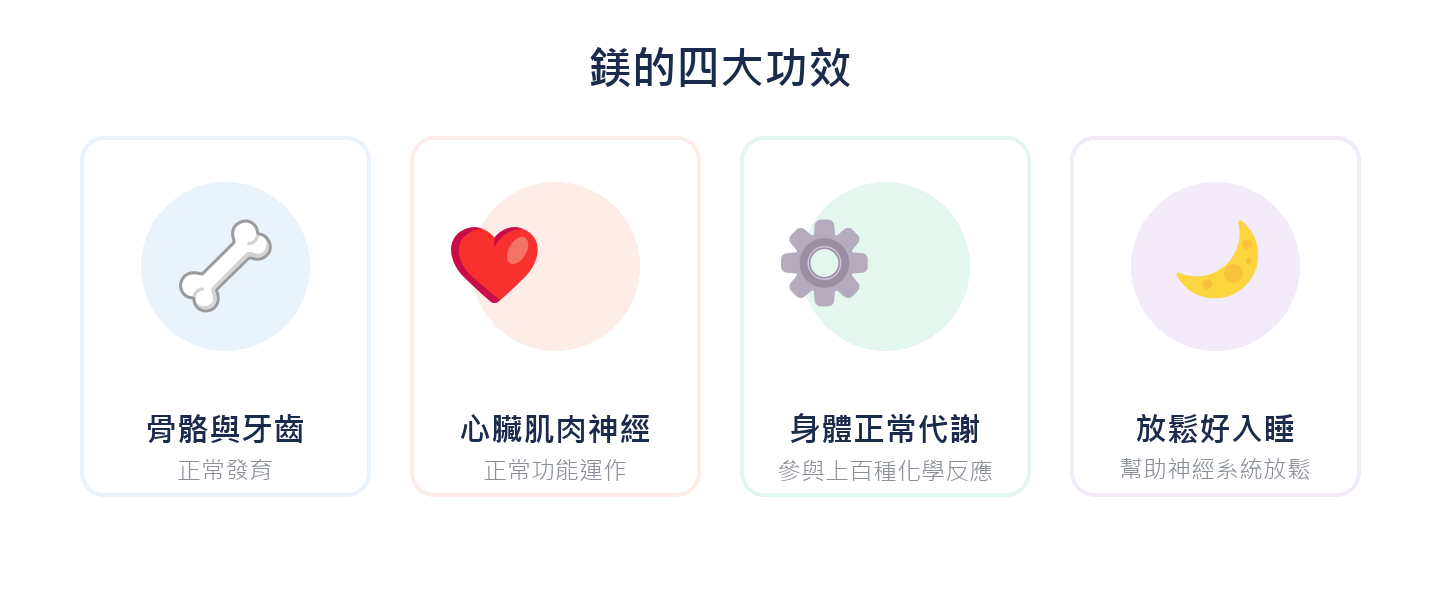 鎂的四大功效：骨骼與牙齒、心臟肌肉神經、身體正常代謝、放鬆好入睡