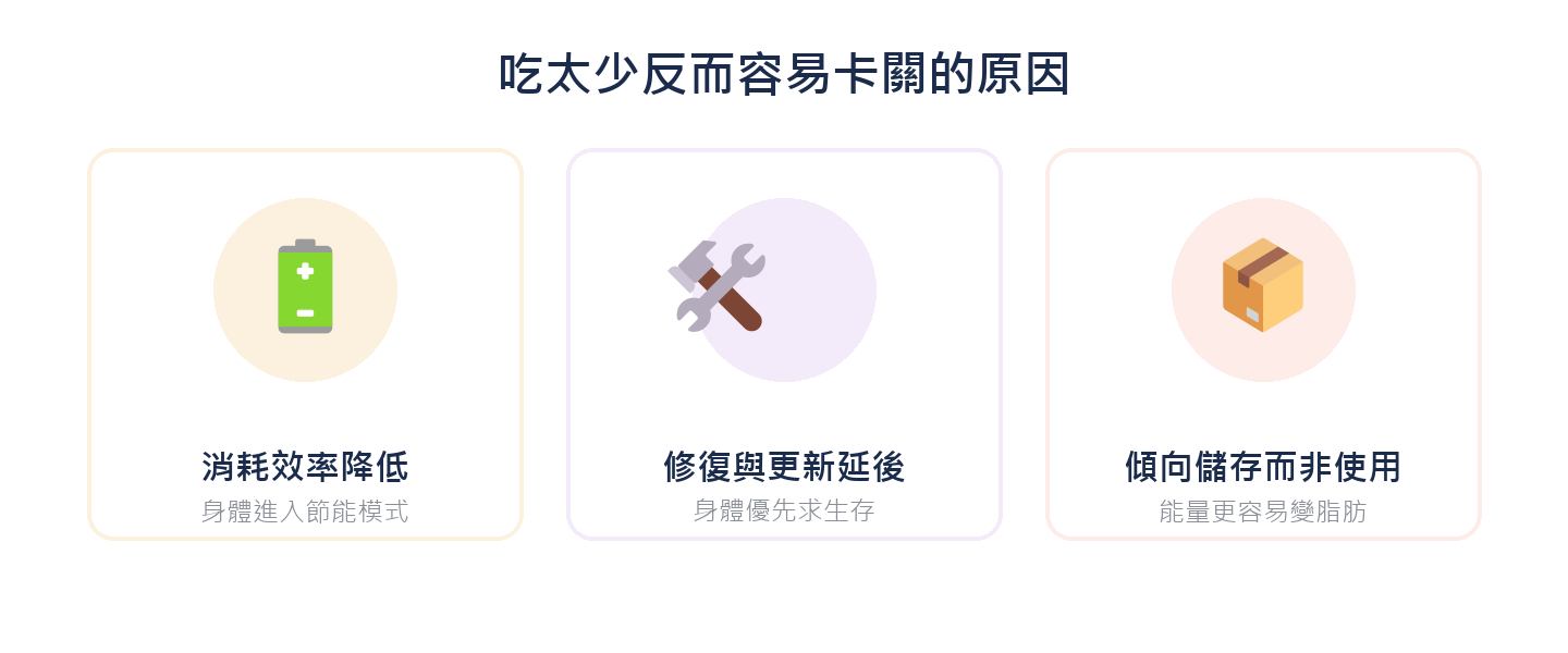 吃太少反而容易卡關的原因：消耗效率降低、修復與更新延後、傾向儲存而非使用