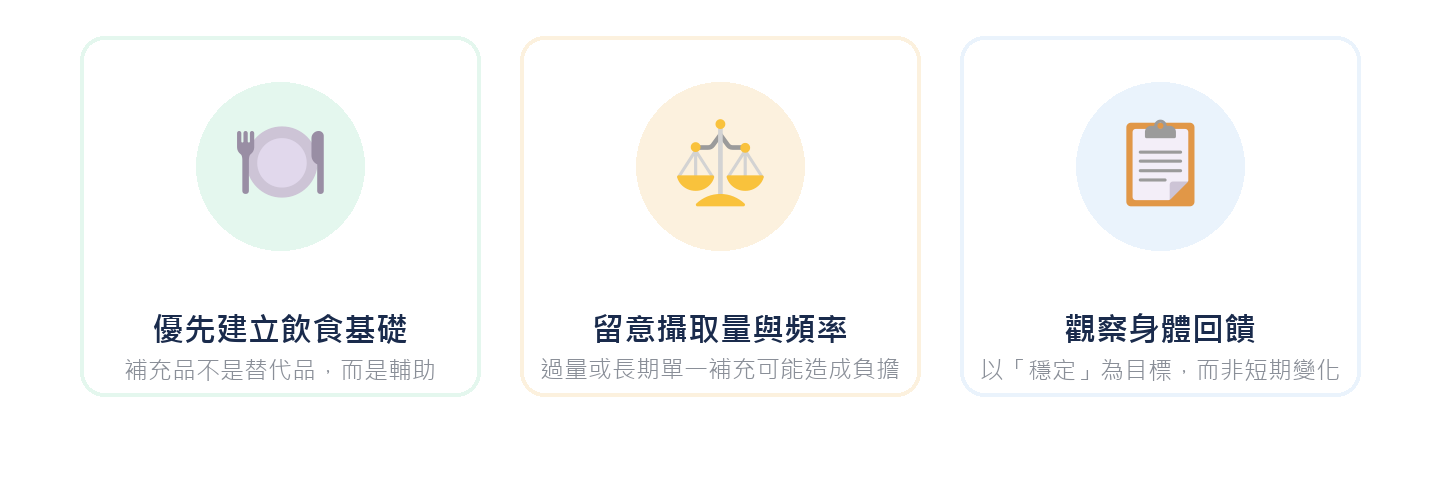 營養素補充的三個基本原則：優先建立飲食基礎、留意攝取量與頻率、觀察身體回饋