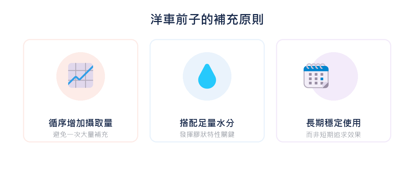 洋車前子的補充原則：循序增加攝取量、搭配足量水分、長期穩定使用